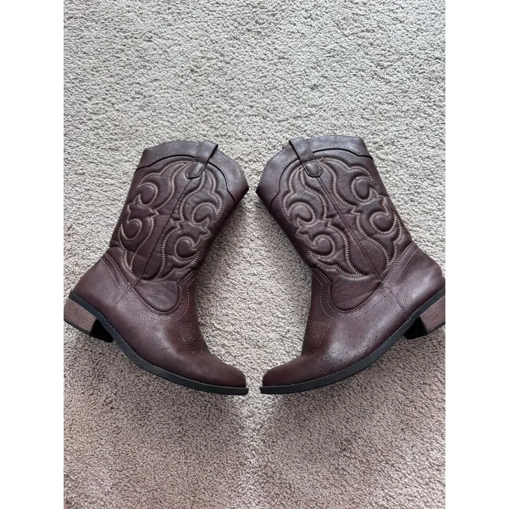 Cat & Jack Brown Faux Leather Cowgirl Boots Western Big Girls Size 5 Country